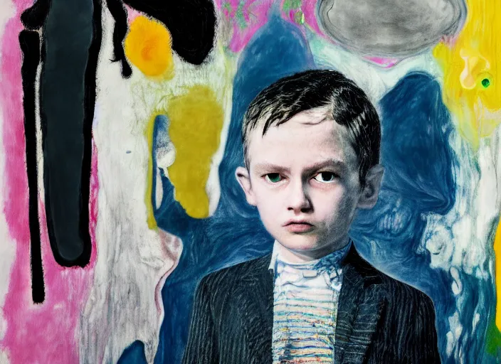 Image similar to portrait of a child wearing a suit, vincent lefevre and hernan bas and pat steir and hilma af klint, psychological, photorealistic, dripping paint, washy brush, rendered in octane, altermodern, masterpiece