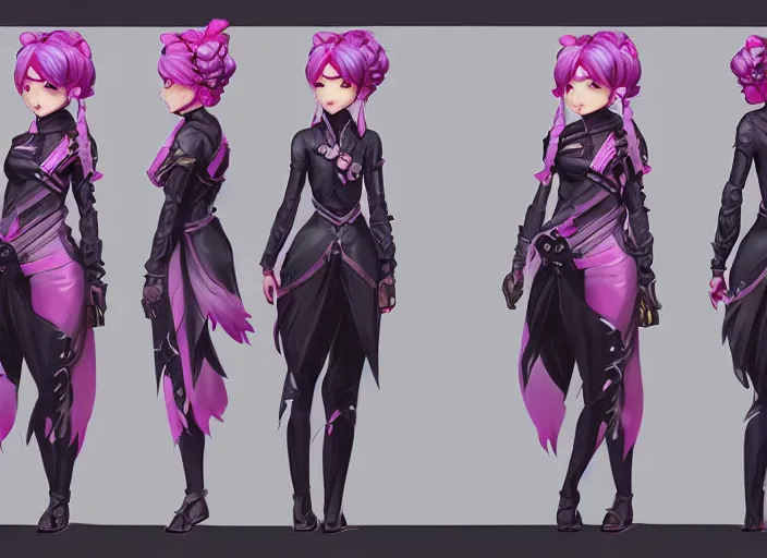 Prompt: character sheet for a beautiful and cute girl for genshin impact by greg rutkowski, black to light pink fade hair, genshin impact style, overwatch style, sorcerer magic witch, digital art, trending on artstation, hd, 8 k, highly detailed, good lighting, beautiful, masterpiece