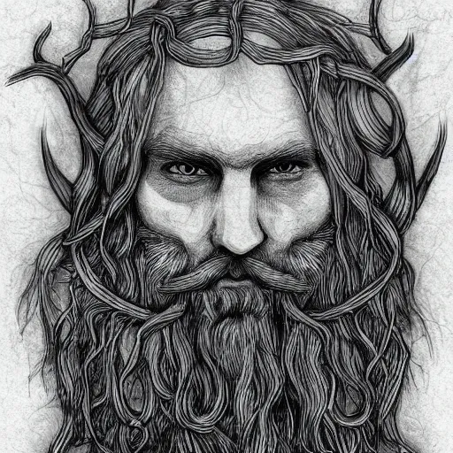 Prompt: bearded male druid gray skin pointy ears with vines as hair detailed fantasy drawing tolkien