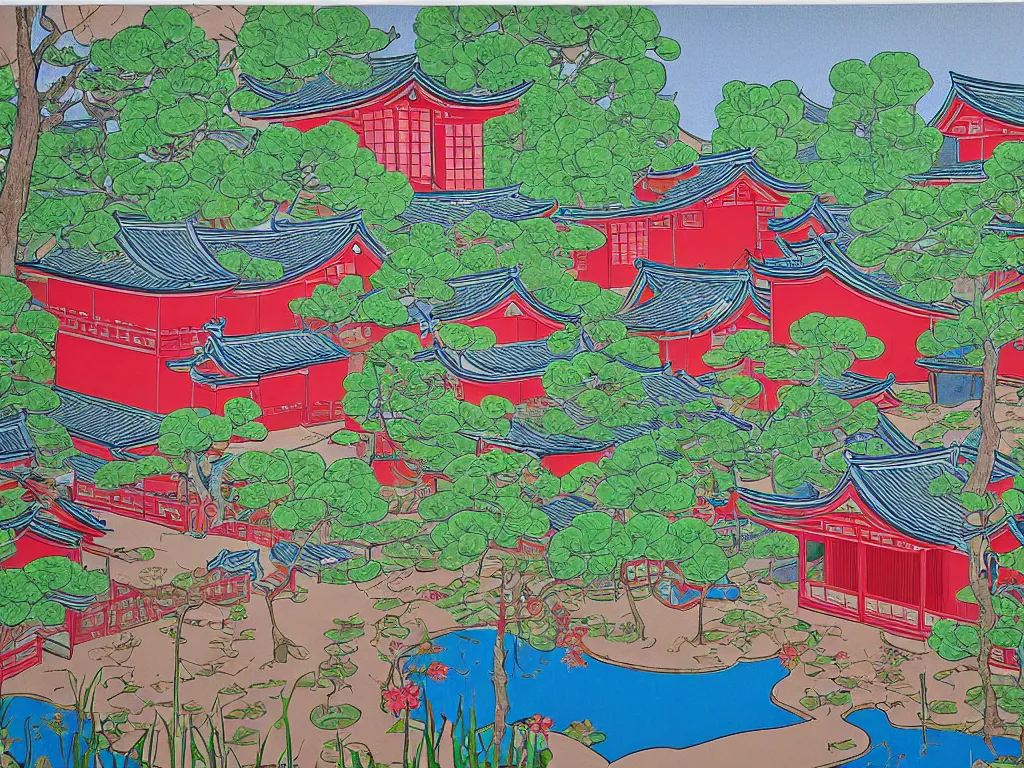 Image similar to image of a traditional japanese house with a garden, a pond in the garden, pink children are sitting around it, a combination of pop art and traditional japanese painting styles, the style of andy warhol, roy lichtenstein and jackie tsai, bright palette, acrylic on canvas