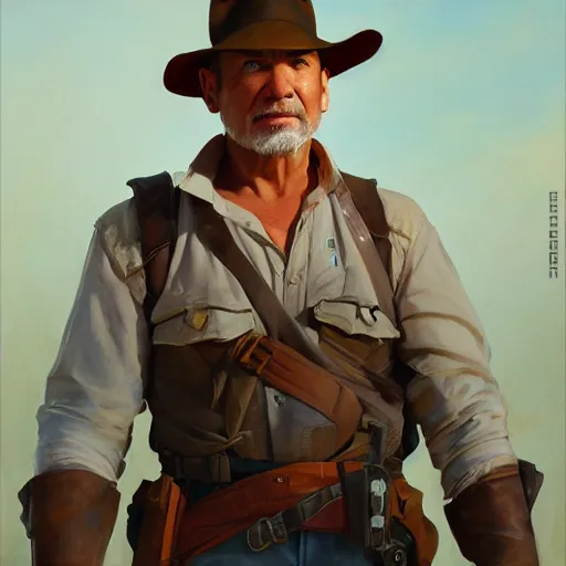 Image similar to greg manchess portrait painting of partially armored indiana jones as overwatch character, medium shot, asymmetrical, profile picture, organic painting, sunny day, matte painting, bold shapes, hard edges, street art, trending on artstation, by huang guangjian, gil elvgren, ruan jia, randy vargas, greg rutkowski