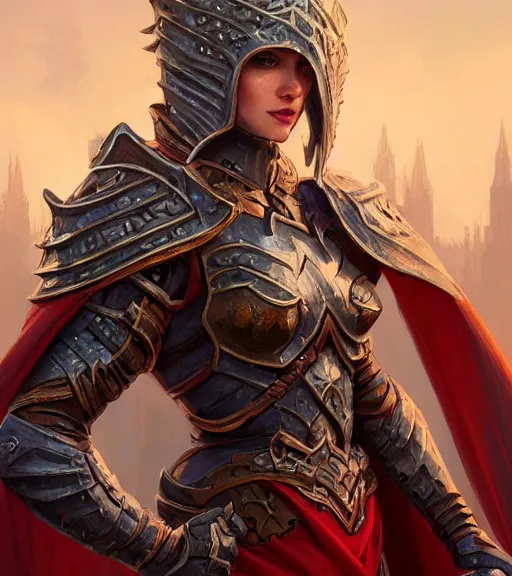 Image similar to battlemage, full armor, full body portrait, gentle, female, city landscape, d & d, fantasy, intricate, elegant, highly detailed, digital painting, red gold color palette, artstation, octane render, concept art, matte, sharp focus, illustration, hearthstone, art by artgerm and greg rutkowski and alphonse mucha