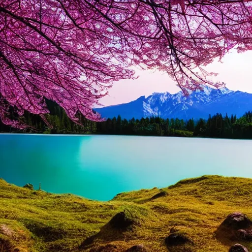 Prompt: forest and lakes with purple Sakura flowers with snow mountains at the background, masterpiece