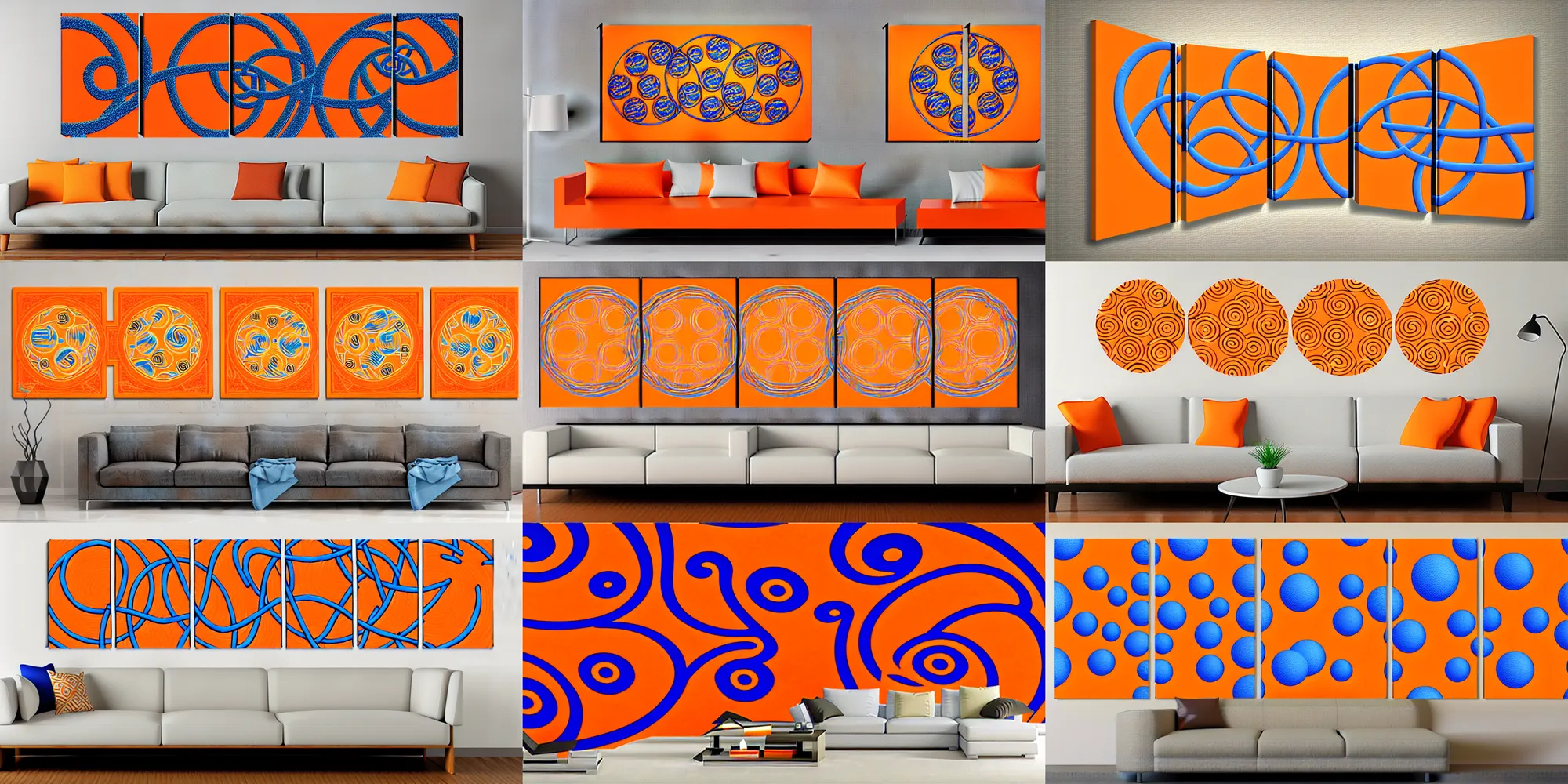 Prompt: triptych canvas acrylic aerosol seamless pattern large circles and balls orange to blue gradient handicraft escher style graffity contrast of light and shadow