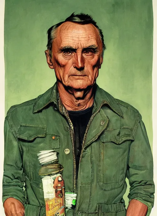 Image similar to full body and head portrait of dennis hopper in a dark and dingy apartment, painted by norman rockwell and tom lovell and everett raymond kinstler, green, dystopian