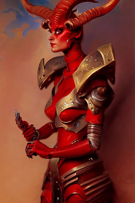 Image similar to painted close - up portrait of a very attractive red - skinned intimidating demon robot humanoid girl with ram horns! oil painting, wearing a noblewoman's outfit, fantasy art by john singer sargent and gaston bussiere and james jean and greg rutkowski, demon noble character design, hd