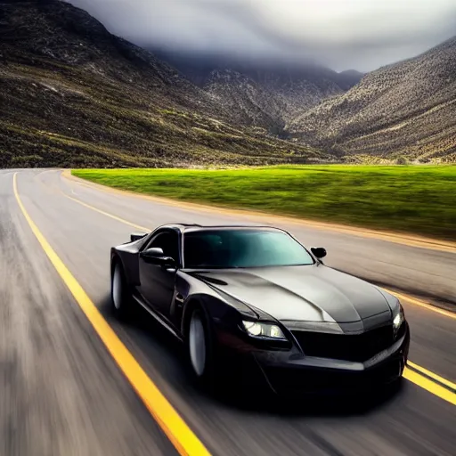 Image similar to black trans - am driving towards the camera, mountain, valley, breathtaking mountains, lake, dynamic, sunrise, cinematic, motionblur, sunbeams, volumetric lighting, wide shot, low angle, large lightning storm