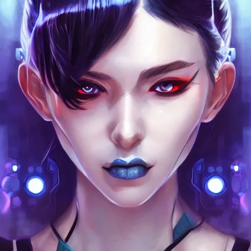 Prompt: portrait of pale smiling cyberpunk girl, cover by Artgerm