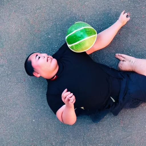 Image similar to a chinese fat guy lay on the ground with blood in a melon stall