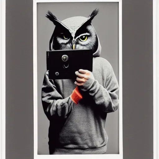 Prompt: surrealistic, anthropomorphic owl in a hoodie, holding polaroid camera, 8 0 s, polaroid photo, by warhol,