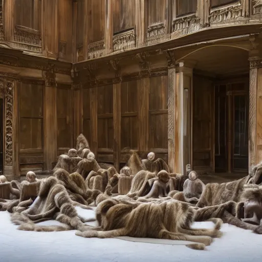 Image similar to group of five objects each with multiple limbs and long fur coats, they create a court yard of a small house