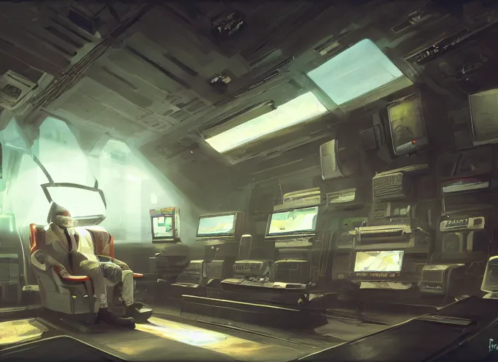 Image similar to a man sitting on a chair with things attached to his head, screens and monitors in front of him playing videos, ship interior, narrow hallway, scifi, dramatic lighting, concept art, surreal, by rutkowski