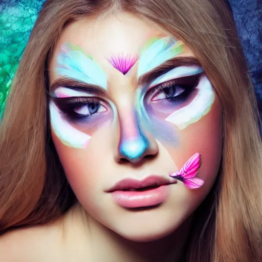 Prompt: hyper realistic good proportions beautiful young woman girls face fashion model with pastel colored flowers, geometric festival face paint, art fashion photography, smooth, elegant