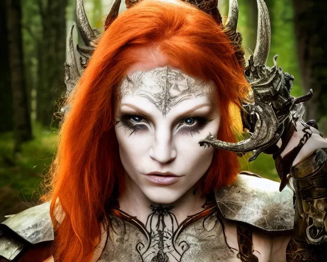 Image similar to 5 5 mm portrait photo of an armored gorgeous anesthetic redhead woman warrior with a face tattoo and horns growing from her head, in a magical forest. by luis royo and stephan kostic. highly detailed 8 k. intricate. lifelike. soft light. nikon d 8 5 0. cinematic post - processing