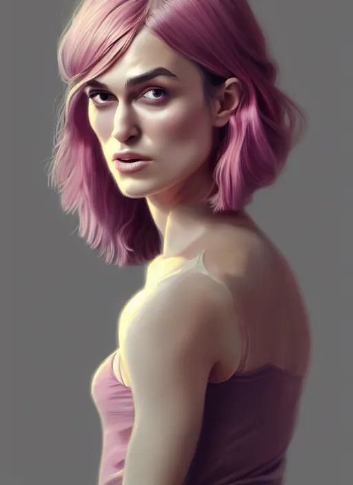 Image similar to full body portrait, teenage keira knightley, pink hair, sultry, realistic, hoop earrings, skirt, shirt, intricate, elegant, highly detailed, digital painting, artstation, concept art, smooth, sharp focus, illustration, art by wlop, mars ravelo and greg rutkowski