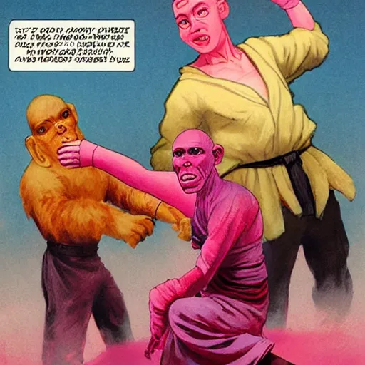 Image similar to monk fight monkey with pink gloves, retro 5 0 s style, art by by greg rutkowski and siudmak and richard corben and moebius