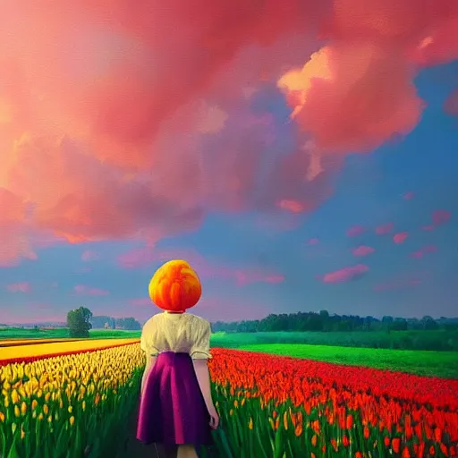 Image similar to girl with a giant tulip head, surreal photography, flower field, sunset dramatic light, impressionist painting, colorful clouds, blue sky, digital painting, artstation, simon stalenhag