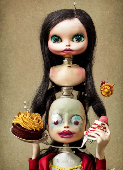 Image similar to closeup portrait of tin toy spring - heeled jack eating cakes, depth of field, zeiss lens, detailed, symmetrical, centered, fashion photoshoot, by nicoletta ceccoli, mark ryden, lostfish, earl nore, hyung tae, frank frazetta, breathtaking, 8 k resolution, extremely detailed, beautiful, establishing shot, artistic, hyperrealistic, octane render