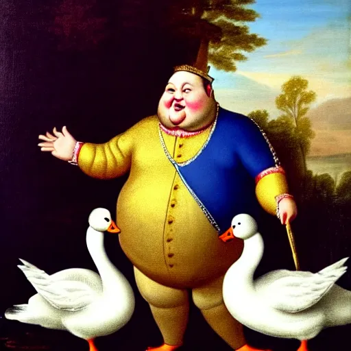 Prompt: a fat king with no crown chasing a goose, who has stolen his crown and is wearing it. classist painting.