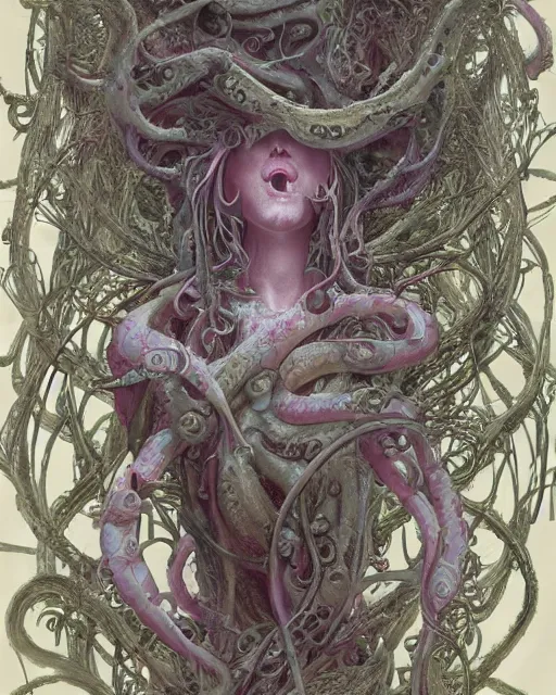 Image similar to centered beautiful detailed portrait of a insane, crazed, mad old woman, ornate tentacles growing around, ornamentation, thorns, vines, tentacles, elegant, beautifully soft lit, full frame, by wayne barlowe, peter mohrbacher, kelly mckernan, h r giger