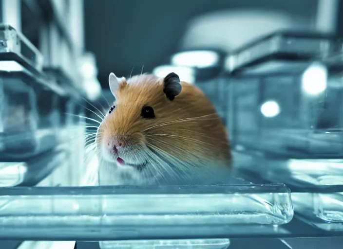 Image similar to film still of a hamster working in a research lab filling test tubes, 8 k