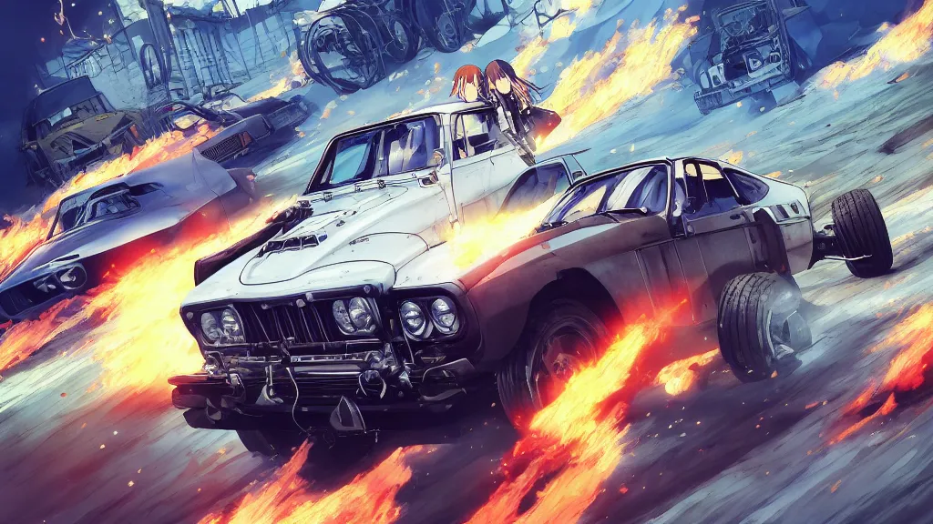 Image similar to anime illustration of mad max's fj 4 0 pursuit special, the last v 8 interceptor driving down to the gates of valhalla highway, riding fury road eternal shiny and chrome, world of fire and blood, by makoto shinkai, ilya kuvshinov, lois van baarle, rossdraws, basquiat, global illumination ray tracing hdr