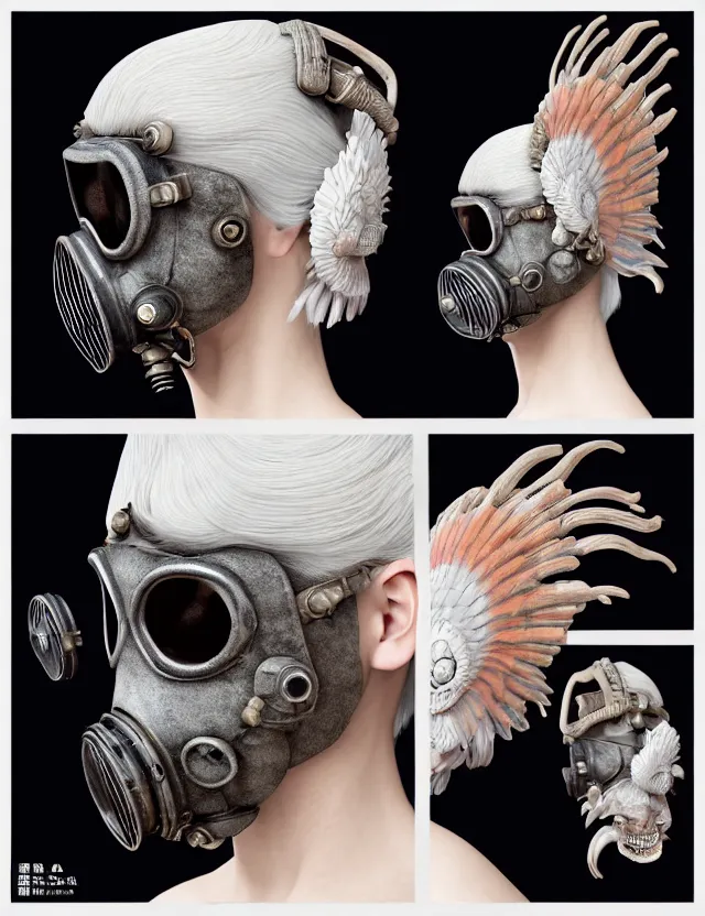 Image similar to 3 d goddess close - up profile punk portrait with vintage gas mask ram skull. beautiful intricately detailed japanese crow kitsune mask and clasical japanese kimono. betta fish, jellyfish phoenix, bio luminescent, plasma, ice, water, wind, creature, artwork by tooth wu and wlop and beeple and greg rutkowski