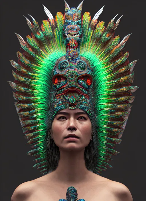 Prompt: 3 d mexican goddess medium shot portrait. beautiful intricate highly detailed quetzalcoatl helm and feathers. low - key lighting, bioluminescent, plasma, lava, ice, water, wind, stingray, magpie, creature, artwork by tooth wu and wlop and beeple and helmut newton, 8 k trending on artstation,