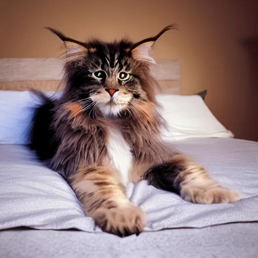 Image similar to very cute huge giant large calico main coon on bed, portrait, pixar style, cinematic lighting, award winning creature portrait photography