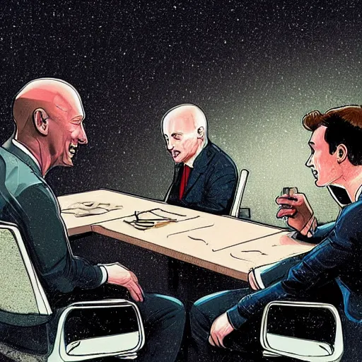 Prompt: cell shaded illustration of a meeting between elon musk, mark zuckerberg, jeff bezos, very detailled, art contest winner on behance, trendy on deviant art, by by artgem, greg rutkowski, by herge