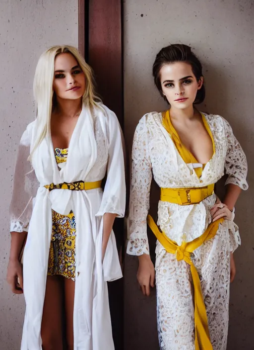 Prompt: portrait of lindsey pelas and emma watson wearing white kebaya and yellow silk belt, jakarta, by charlotte grimm, natural light, detailed face, beautiful features, symmetrical, canon eos c 3 0 0, ƒ 1. 8, 3 5 mm, 8 k, medium - format print,