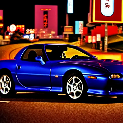 Image similar to a car Mazda RX7 in middle of road, gunma prefecture, night city, cinematic color, photorealistic, highly detailed