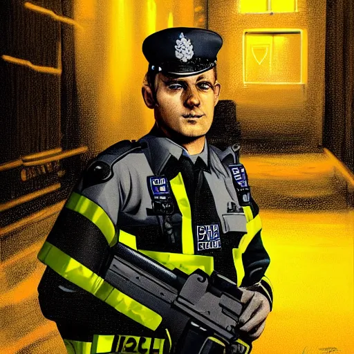 Image similar to A British police officer wearing hivis, highly detailed, ambient lighting, trending on art station