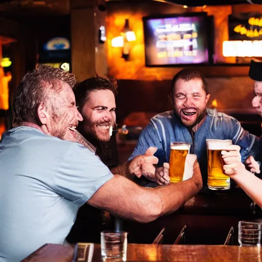 Prompt: flash photo of lizard people in a bar, laughing and drinking beers.