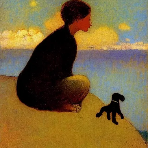 Image similar to a woman and her chiweenie looking out to sea by odilon redon