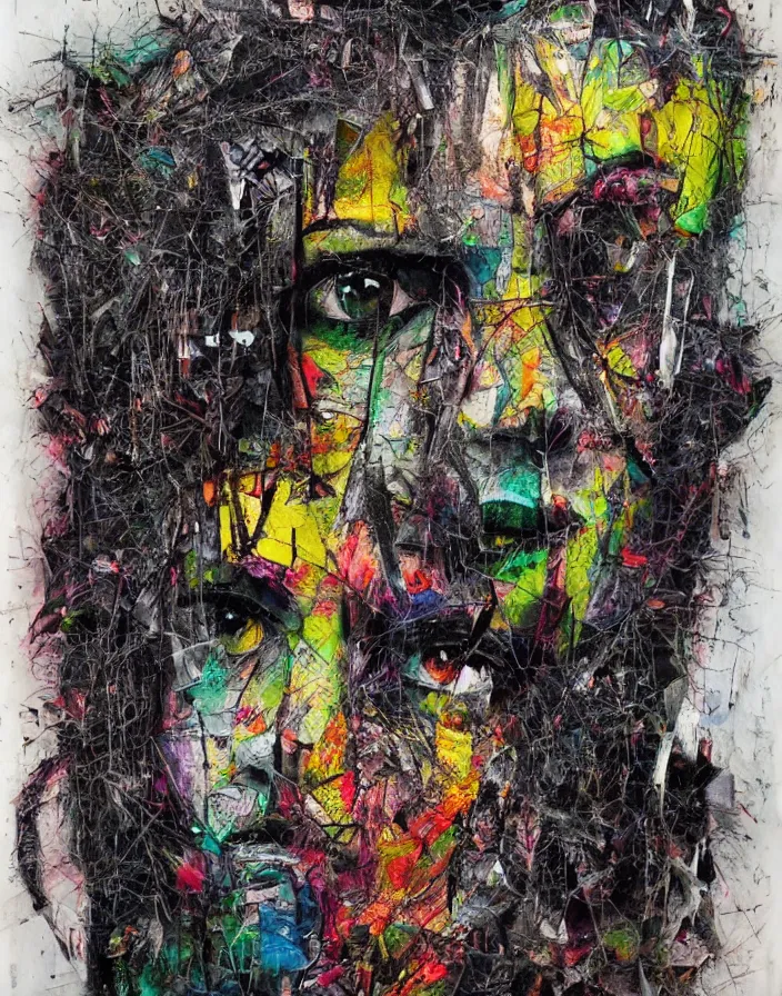Prompt: vicious darkness of soul with all the vivid colors detailed analogue mixed media collage with canvas texture in style of contemporary art, punk art, hyperrealistic beautiful face, photorealistic, expressionism, masterpiece, perfect composition, spectacular quality, intricate oil details, vivid broken glass, torn paper