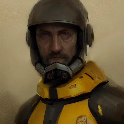 Image similar to portrait of a man by greg rutkowski, nat skywalker, wearing a yellow and black tactical gear, star wars expanded universe, highly detailed portrait, he is about 6 0 years old, digital painting, artstation, concept art, smooth, sharp foccus ilustration, artstation hq