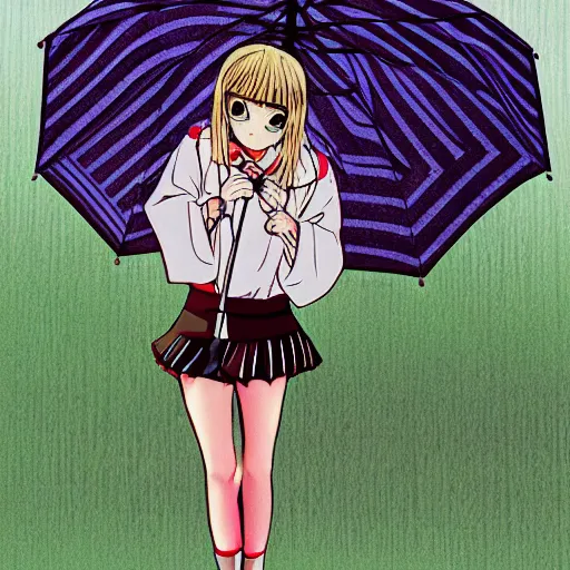 Image similar to rain, stripes, anime 1 9 8 0, umbrella, girl