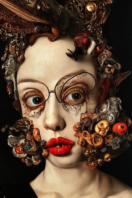 Image similar to Detailed maximalist portrait with large lips and with large eyes, angry expression, HD mixed media, 3D collage, highly detailed and intricate illustration in the style of Caravaggio, dark art, baroque