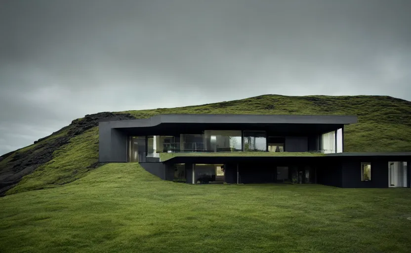 Image similar to An Exterior wide angle shot of a modern architecture house in the middle of a green icelandic valley with black sand rocks and green moss, Greg Rutkowski and Craig Mullins, Cinematic and atmospheric lighting