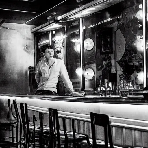 Image similar to tom holland at a 1 9 5 0's bar during a rainy night, cinematic lighting, photorealistic