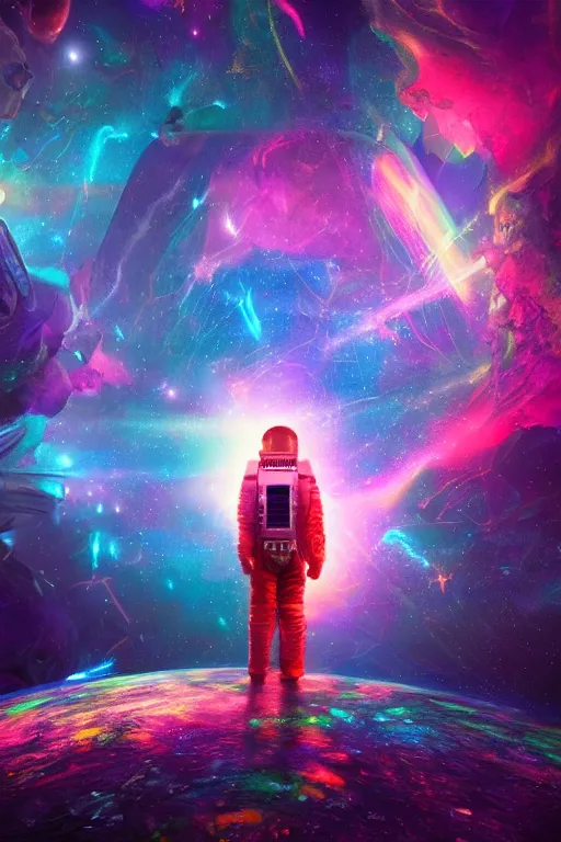 Image similar to psychedelic astronaut letting go of reality and experiencing the quantum feild, matte painting comic book art, cinematic, highly detailed, realistic, beautiful cosmic neural network, octane render, unreal engine, depth of field, trending on artstation, sharp focus, philosophical splashes of colors