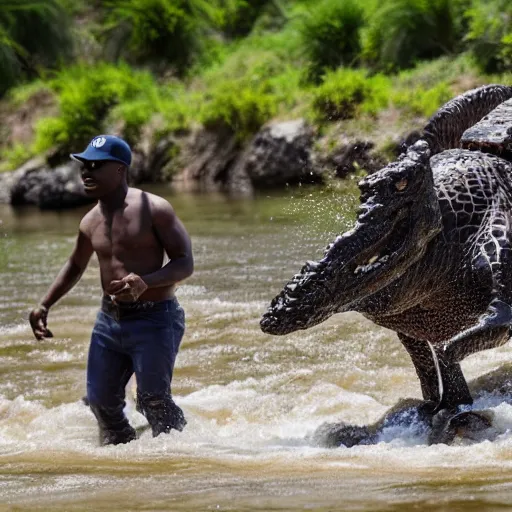 Prompt: DaBaby walking into river full of crocodiles riding a giant baseball cap