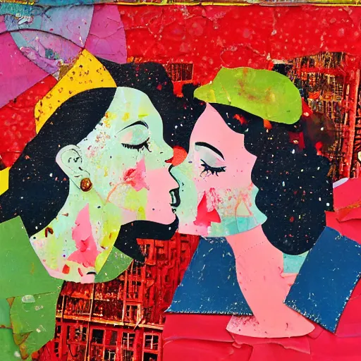 Image similar to two women kissing at a carnival, mixed media collage, retro, paper collage, magazine collage, acrylic paint splatters