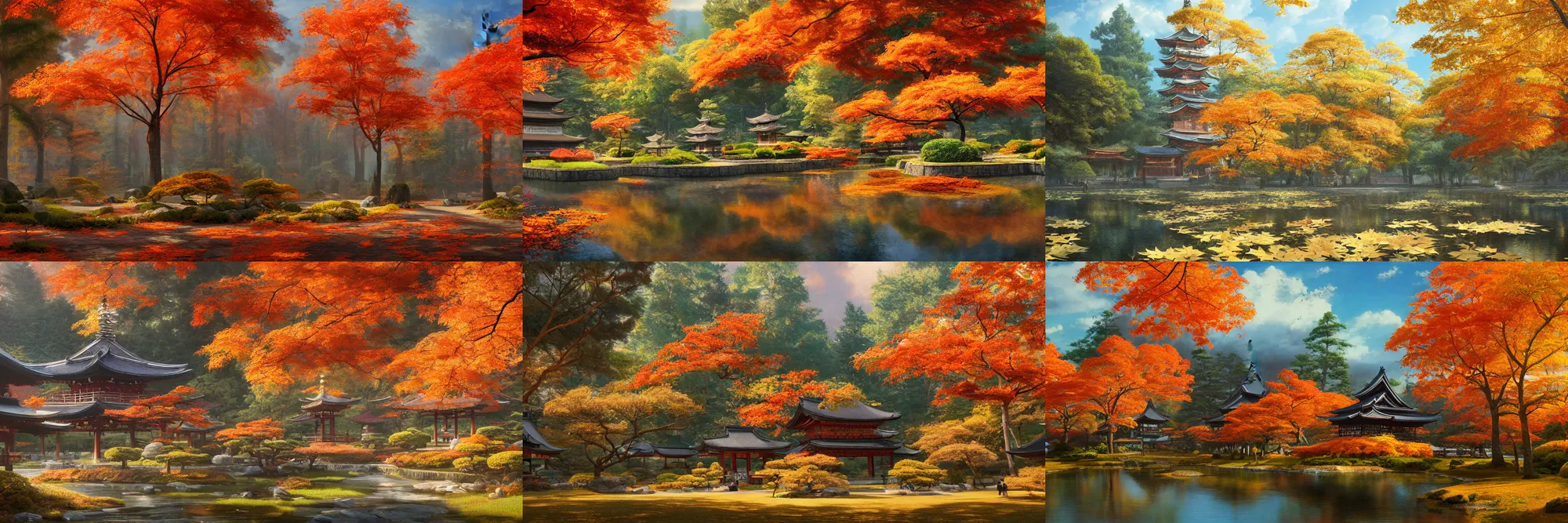 Prompt: Japanese pagodas and Autumn maple forest, Ecruteak City remastered, high curvature lens, Unreal Engine, oil on canvas by Ivan Shishkin, award-winning digital art on Pixiv, trending on Artstation