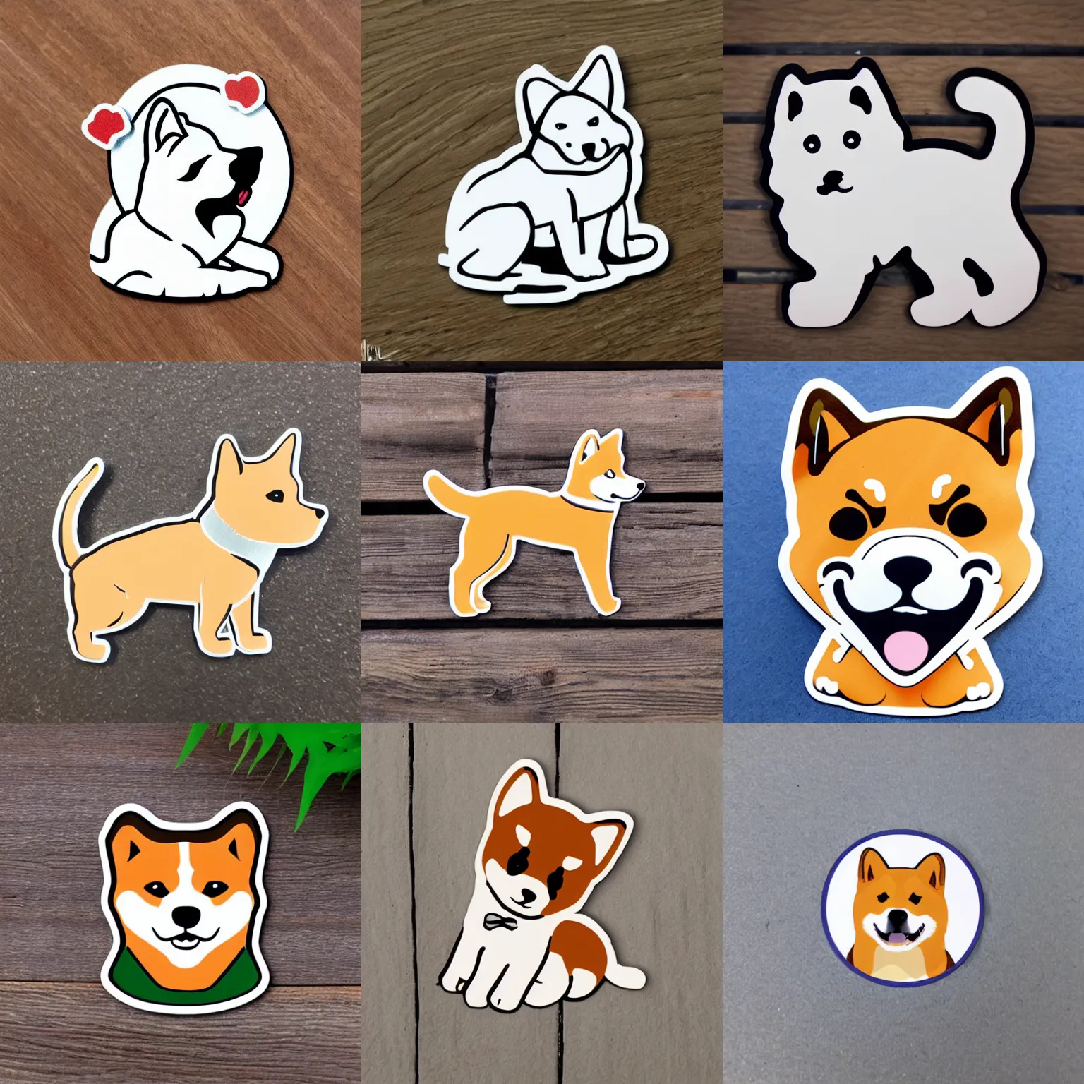 Prompt: cartoon die cut sticker of shiba inu puppy on lilght greay wood