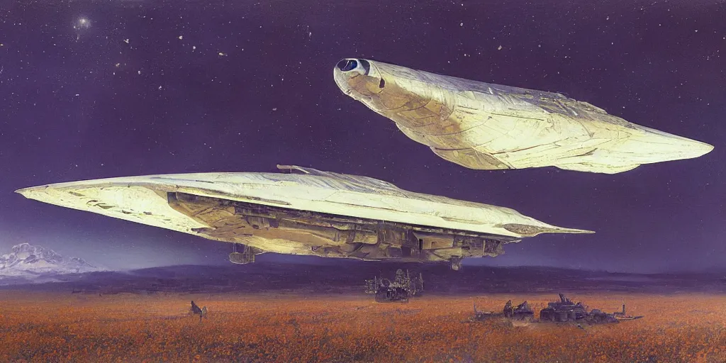 Prompt: Fernand Khnopff advanced white giant spaceship starship battlestar airship landed laying in center on tansy wormwood field, snowy mountain afar by Fernand Khnopff by john berkey, oil painting, concept art