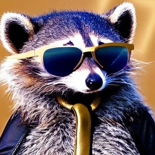 Image similar to raccoon with shades and a gold chain wearing a leather jacket