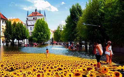 Image similar to City of Ljubljana flooded with sunflowers and people swimming through them, digital art, trending on artstation