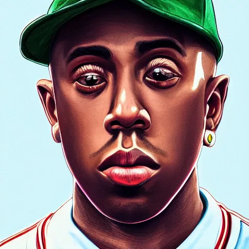 Image similar to closeup portrait shot of tyler the creator wearing a ups uniform, intricate, cool, highly detailed, centered, digital painting, artstation, concept art, smooth, sharp focus, illustration, artgerm,